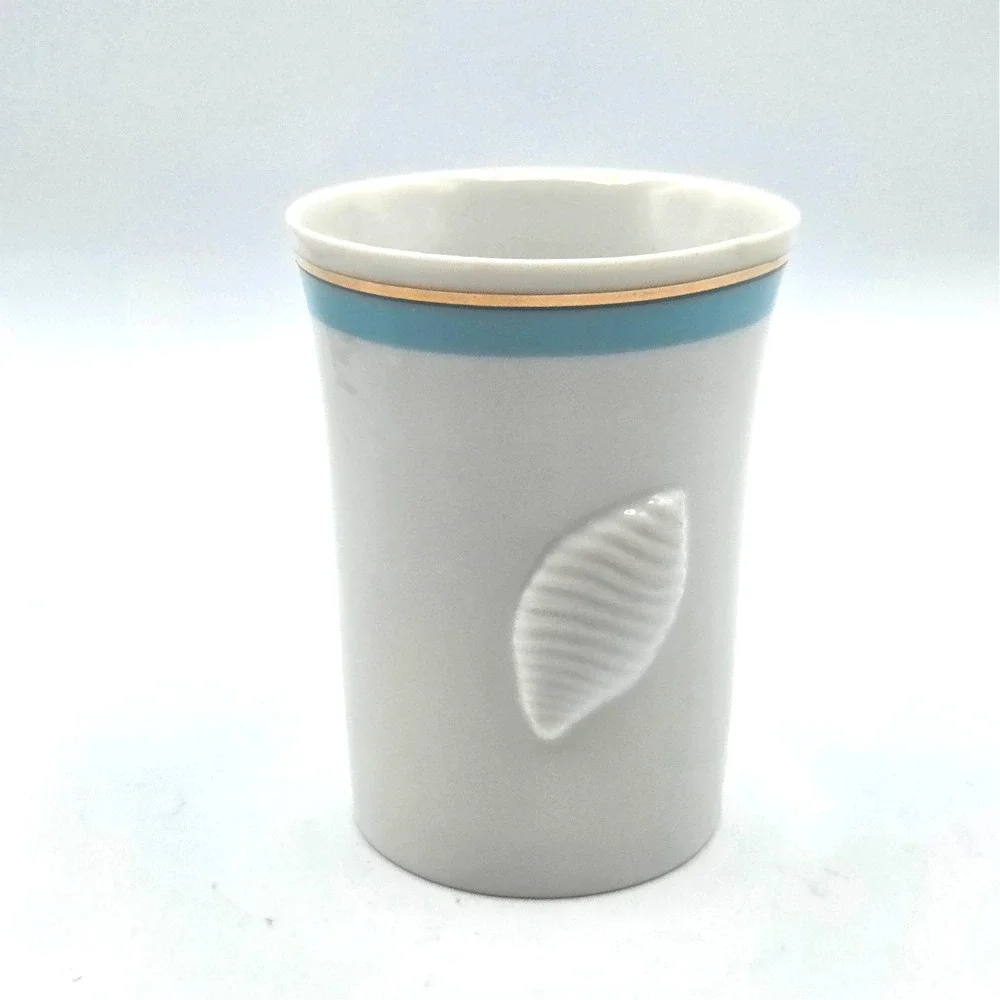 Ben Rickert Seashell Soap‎ Dish and Tumbler White with Blue Gold Trim BEACH